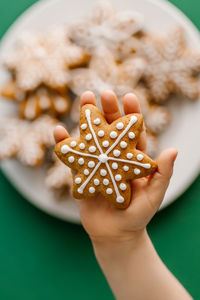 Ginger christmas cookies in children's hands on the background of the christmas tree.