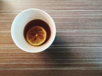 High angle view of coffee cup on table