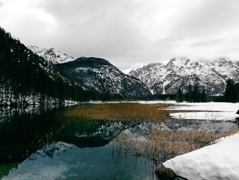 Scenic view of lake and snowcapped mountains against sky