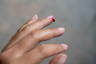 Close-up of woman hand holding red leaf