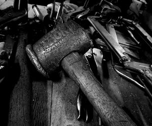 Close-up of work tools on table