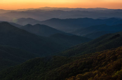 Scenic view of mountains against sky during sunset