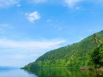 Scenic view of lake by trees against sky
