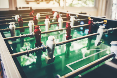 High angle view of figurines on table