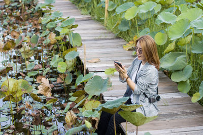 Rear view of woman standing amidst plants