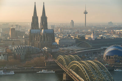 Aerial view on cologne city and hohenzollern bridge in cologne, germany