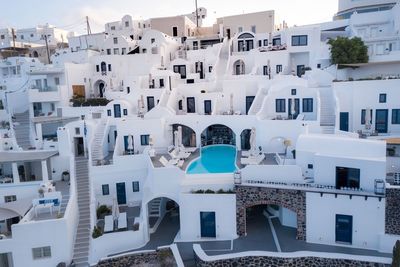 High angle view of residential buildings in town