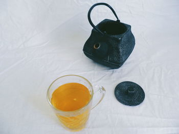 High angle view of tea served on table