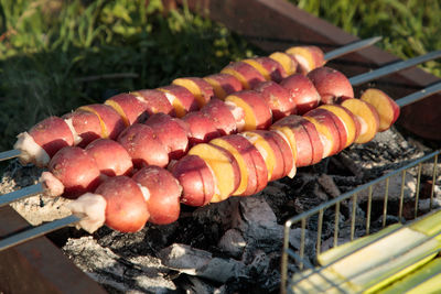 High angle view of vegetables on barbecue grill