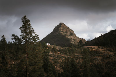 Scenic view of camper van against mountains and sky