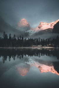 Scenic view of lake by trees against sky