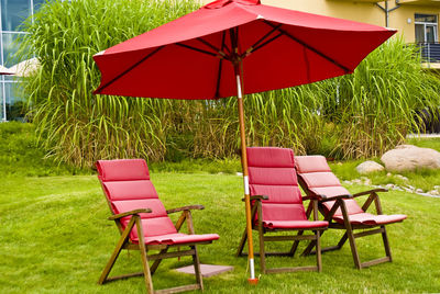 Empty chairs and tables on table