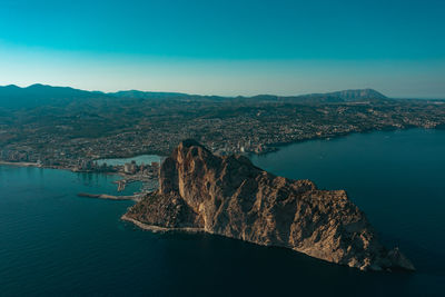 Aerial view breathtaking penyal difac natural park of penon de ifach . costa blanca spain