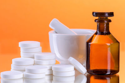 Close-up of stack of bottles