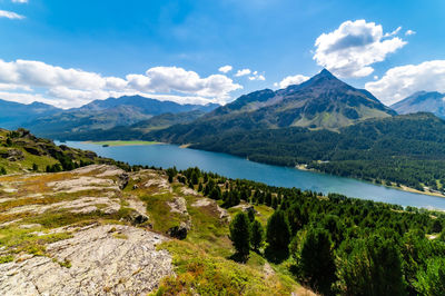 A view of lake sils and the engadine from above. panorama from maloja and grevasalvas