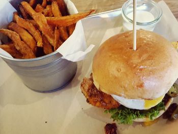 Close-up of burger served on table