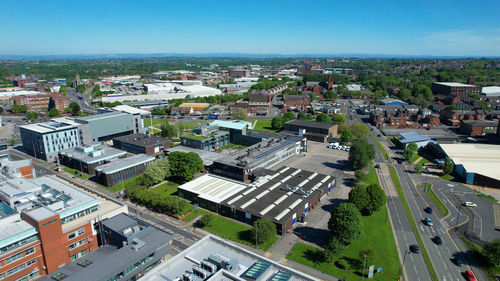 High angle view of building with field.