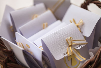 Close-up of gifts on wicker basket