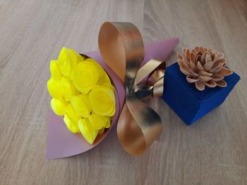 High angle view of multi colored umbrellas on table