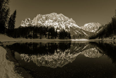 Scenic view of lake by trees against sky