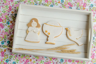 High angle view of cookies in tray on table