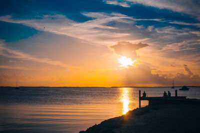 Silhouette people at beach against sky during sunset