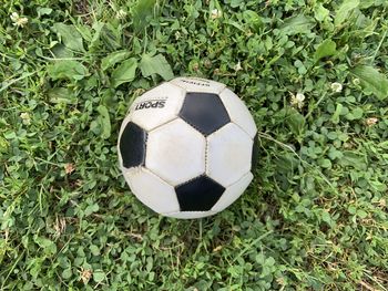 High angle view of soccer ball on field