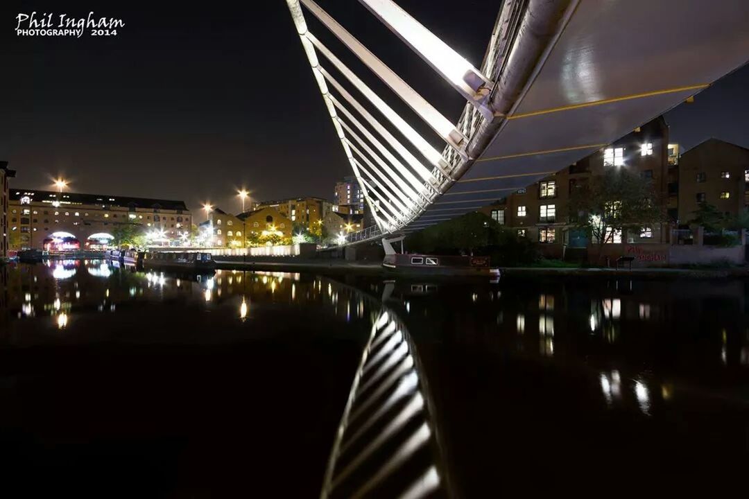 illuminated, night, reflection, connection, bridge - man made structure, water, built structure, architecture, river, bridge, transportation, waterfront, city, engineering, railing, street light, footbridge, lighting equipment, no people, outdoors