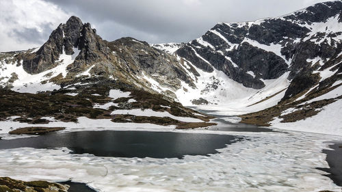 Scenic view of snowcapped mountains against sky during winter