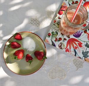 Directly above shot of strawberries and juice on table