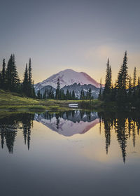 Tipsoo lake on sunset with a reflection of mt. rainier, washington