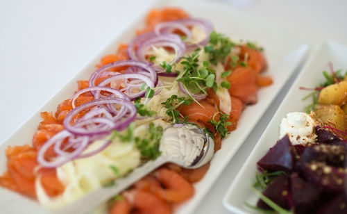 High angle view of seafood in plate on table