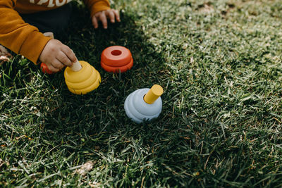 High angle view of toys on field