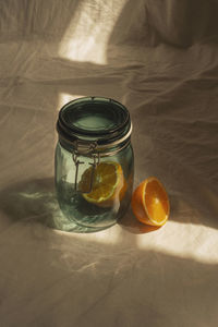 High angle view of drink in glass jar on table