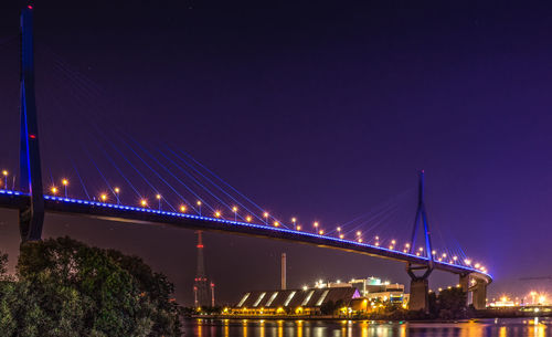 Illuminated suspension bridge at night