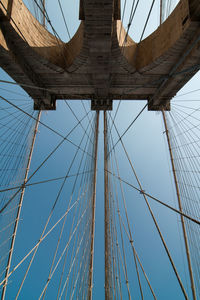 Low angle view of suspension bridge against clear blue sky