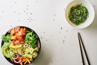 High angle view of meal served on table