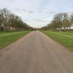 Road amidst bare trees on field against sky