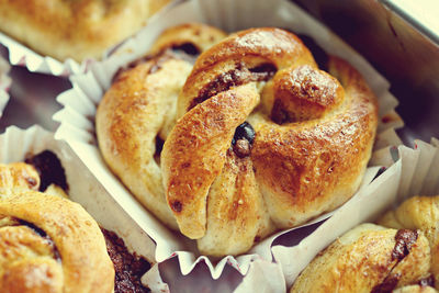 High angle view of chocolate pastries in baking tray