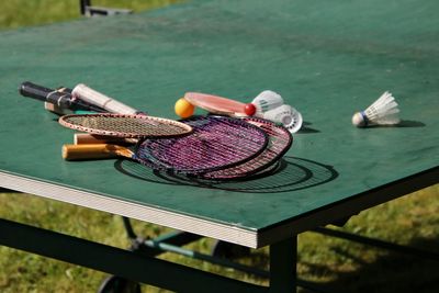 High angle view of racket on table