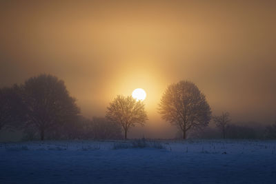 Scenic view of snow covered landscape during sunset