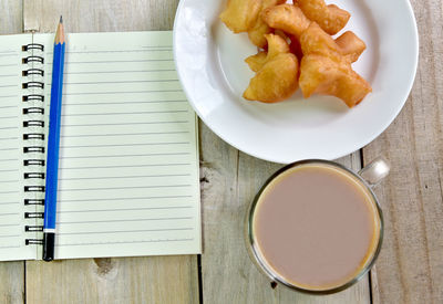 High angle view of breakfast on table