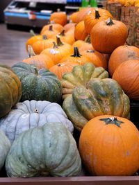 Close-up of pumpkins for sale at market stall