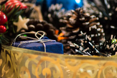 Close-up of christmas decoration on table