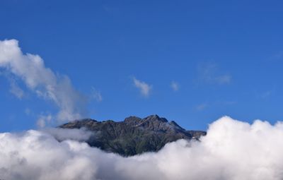 Low angle view of mountain against cloudy sky