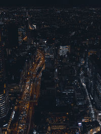 High angle view of illuminated cityscape at night