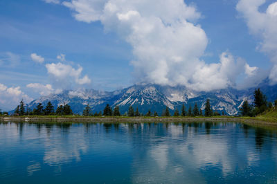 Scenic view of lake by mountains against sky