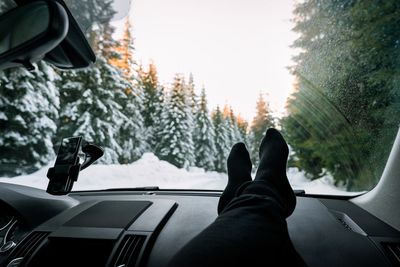 Low section of person in car against snowy mountain road and pine trees at sunset