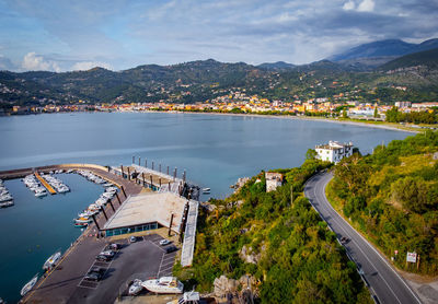 High angle view of road by sea against sky