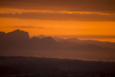 Scenic view of silhouette mountains against dramatic sky